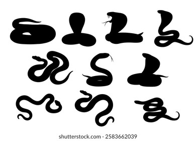 Black silhouette. Collection of snake icons. Rattlesnake coiled. Simple cartoon animal design. Perfect for wildlife, reptiles, or nature designs. Vector illustration isolated on white background