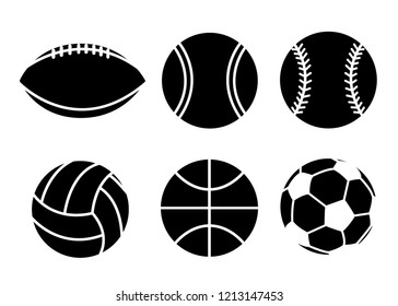 Black silhouette. Collection of sport balls. Line style icon design. Flat vector illustration isolated on white background