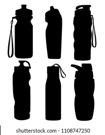 Black silhouette. Collection of sport bottles. Bicycle plastic bottle. Outdoor activities. Different forms of water containers. Vector illustration isolated on white background.