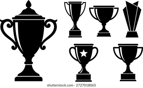 Colección de silueta negra de copas de trofeos, premios y crestas. Ilustración vectorial de símbolos de ganadores, insignias de campeonato e íconos de logros deportivos adecuados para el logotipo, el certificado y el conjunto de diseño de competición.