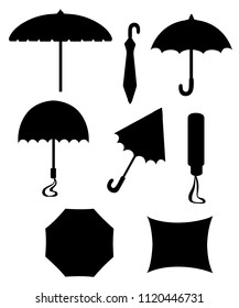 Black silhouette. Collection of umbrellas. Flat style design. Umbrellas in various positions. Parasol opened and taken down. Vector illustration isolated on white background.
