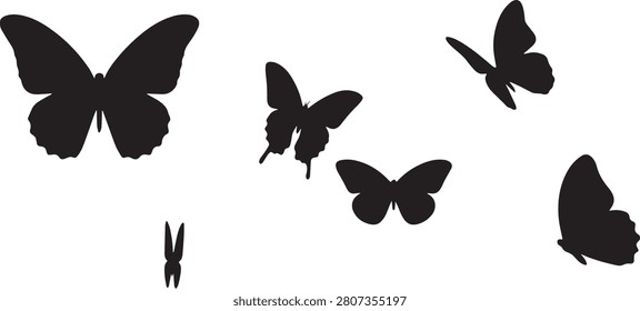 Black silhouette collection of various butterflies in different flight poses with butterfly silhouette wildlife collection elements