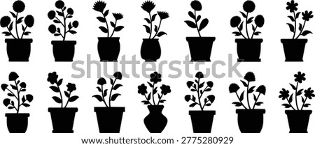 Black silhouette collection of various flowers in pots