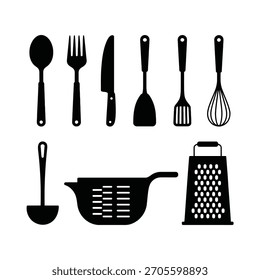 Colección de silueta negra de varios utensilios de cocina y herramientas de cocina