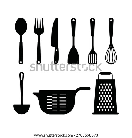 Black silhouette collection of various kitchen utensils and cooking tools