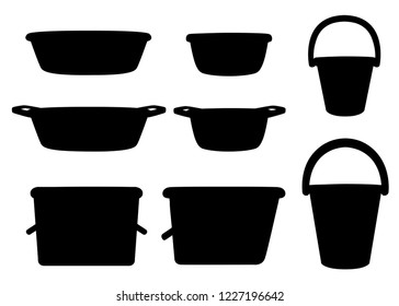 Black silhouette. Collection of water containers. Water buckets and basins. plastic products mass market. Flat vector illustration isolated on white background.