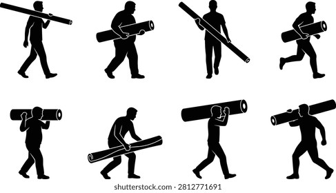 Black silhouette collection of workers carrying, lifting, and transporting long pipes in various poses. Suitable for pipeline construction, utility installation, industrial labor, workplace safety, engineering, and infrastructure projects.