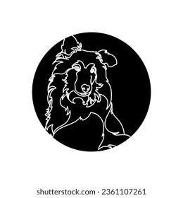 Silueta negra de Collie (cabeza) en círculo negro. Dibujo gráfico. Ilustración vectorial.