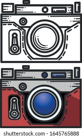 Black silhouette and color icon of a vintage retro camera. Vector illustration .