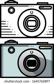 Black silhouette and color icon of a vintage retro camera. Vector illustration.