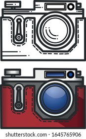 Black silhouette and color icon of a vintage retro camera. Vector illustration .