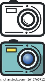 Black silhouette and color icon of a vintage retro camera. Vector illustration.