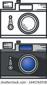 Black silhouette and color icon of a vintage retro camera. Vector illustration .