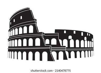 Black silhouette of the Colosseum in Rome, Italy vector. Colosseum hand drawn illustration. Symbol of Ancient Rome, gladiator fights. Vector illustration.