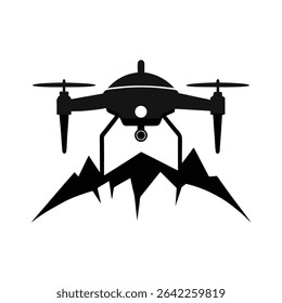 A black silhouette of a combat drone is shown above a stylized black silhouette of a mountain range against a white background. The drone is depicted in a simple, iconic style.
