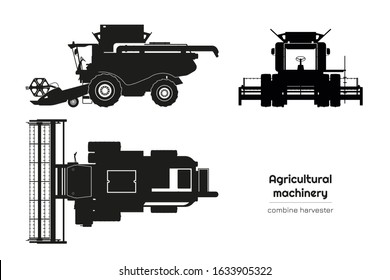 Black silhouette of combine harvester. Side, front and top view of agriculture machinery. Farming vehicle. Industrial isolated drawing. Vector illustration svg