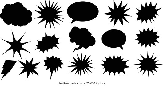 Black Silhouette Comic Boom Elements for Dynamic Pop Art and Retro Style Designs
