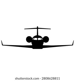 A black silhouette of a commercial airplane viewed from the front, highlighting the nose, engines, and wings against a plain white background.