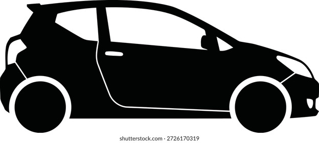 Una silueta negra de un automóvil hatchback compacto se muestra desde el lado contra un fondo blanco. El automóvil presenta líneas limpias, definiendo su forma, ruedas, puertas y ventanas.