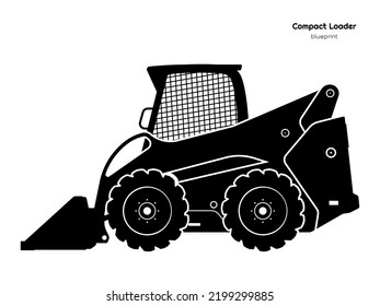 Black Silhouette Of Compact Loader. Side View. Isolated Drawing Of Mini Bulldozer. Industrial Blueprint Of Loading Machine. Vector Illustration