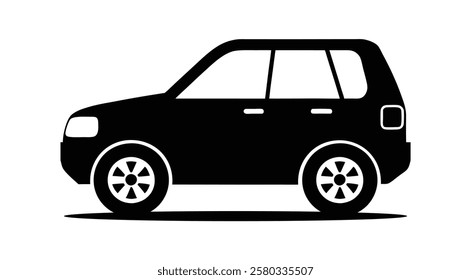 Black silhouette of a compact SUV car isolated on a white background, vector illustration. Minimalist car icon in black and white, side view of a modern SUV Flat vector design.