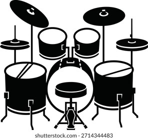 Auf weißem Hintergrund ist eine schwarze Silhouette eines kompletten Drum-Kits mit mehreren Drums, Becken und Drumsticks abgebildet.