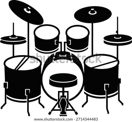 A black silhouette of a complete drum kit, including multiple drums, cymbals, and drumsticks, is depicted against a white background.