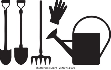 A black silhouette composition featuring gardening equipment. The image displays a shovel, a spade, a rake, a watering can, and a single gardening glove. These tools are arranged on a white background
