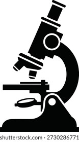 Se representa una silueta negra de un microscopio compuesto sobre un fondo blanco. La Imagen se centra en la estructura detallada del instrumento, incluyendo su ocular, lentes objetivos, escenario y base.
