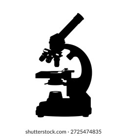 Se presenta una silueta negra de un microscopio compuesto sobre un fondo blanco y oscuro. La Imagen describe claramente los diversos componentes del microscopio, incluyendo el ocular, las lentes objetivas en la pieza giratoria de la nariz, la etapa, el brazo y la base. El estilo de la silueta enfatiza la forma y la estructura del instrumento científico.