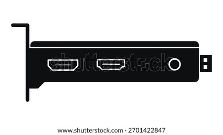 A black silhouette of a computer graphics card's rear panel, showcasing essential ports like HDMI and audio jack. This component is crucial for visual output on PCs, isolated on a white background.
