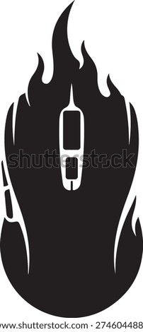 Black silhouette of a computer mouse with flames emanating from the top