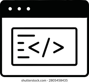Black silhouette of a computer window displaying code brackets. Ideal for representing software development, programming, web design, coding tutorials, and technology-related concepts. Vector illustration for digital projects.