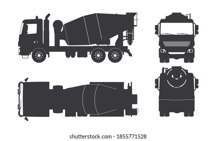 Black silhouette of concrete mixer truck. Side, top, front and back views. Isolated lorry blueprint. Industrial drawing. Construction vehicle for build. Vector illustration