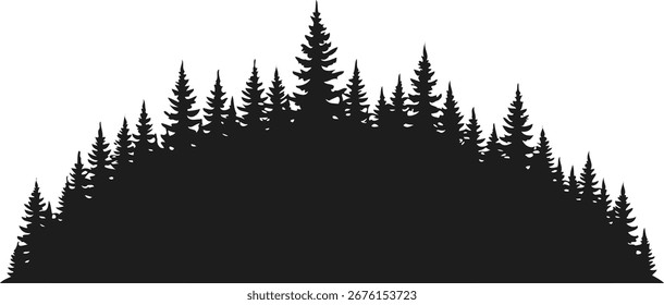 Silhueta preta de uma floresta conífera na forma de um semicírculo em um fundo branco