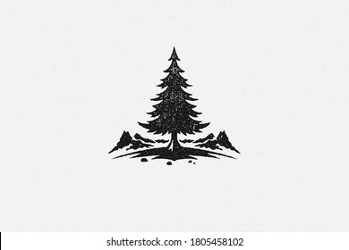 Black silhouette of coniferous forest tree located near mountain ridge in nature hand drawn stamp effect vector illustration. Vintage grunge texture on old paper for poster or label decoration.