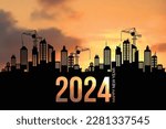 Black silhouette of construction with crane and bright morning sky. To prepare to welcome the year 2024, happy new year, changing new ventures. vector illustration isolated on the background.