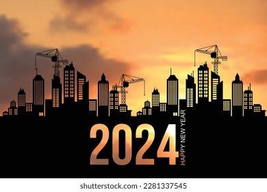 Black silhouette of construction with crane and bright morning sky. To prepare to welcome the year 2024, happy new year, changing new ventures. vector illustration isolated on the background.