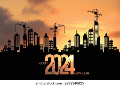 Silueta negra de construcción con grúa y cielo matutino brillante. Prepararse para dar la bienvenida al año 2024, feliz año nuevo, cambiando nuevas empresas. ilustración vectorial aislada en el fondo.