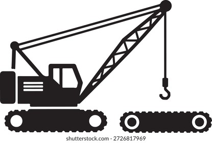 Schwarze Silhouette eines Baukrans mit Haken und Schienen