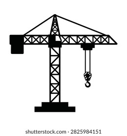Black silhouette of a construction crane with hook and counterweight on white background
