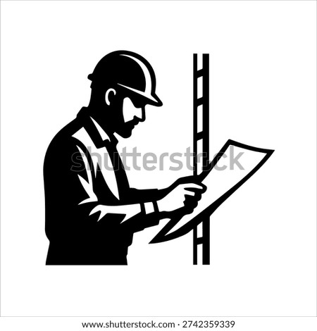 Black silhouette of a construction engineer holding blueprints at a job site, ideal for industrial and real estate themes.