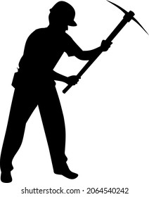 Black Silhouette Of A Construction Man With Pickaxe, Coal, Or Gold Miner Working In Underground