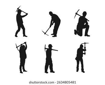 Silhueta preta de um homem de construção com uma picareta. Trabalhador de construção com picareta vetor silhueta ilustração. silhueta de um trabalhador com uma picareta e pá. Vetor em um fundo branco.