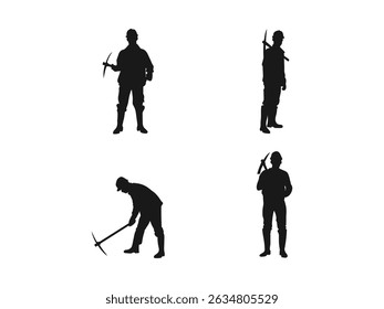 Silueta negra de un hombre de la construcción con un pico. Trabajador de la construcción con la ilustración de la silueta del Vector del pico. silueta de un trabajador con un pico y una pala. Vector sobre fondo blanco.