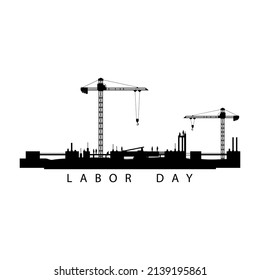 Black silhouette of construction with people and tower crane. Labor Day. 