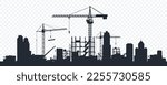 Black silhouette of a construction site isolated on transparent background. Construction cranes over buildings. City development. Urban skyline. Element for your design. Vector illustration.