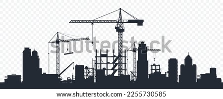 Black silhouette of a construction site isolated on transparent background. Construction cranes over buildings. City development. Urban skyline. Element for your design. Vector illustration.