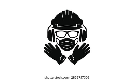 black silhouette of a construction worker head with safety equipment including hard hat earmuffs glasses face mask and gloves isolated on white