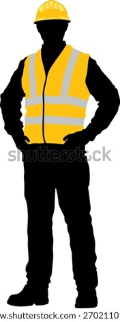 black silhouette of a construction worker in a protective yellow vest and helmet without background